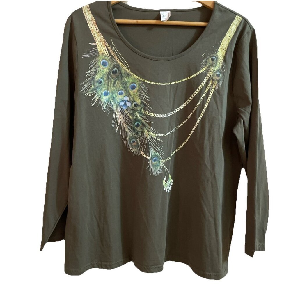 Venus Peacock Feathers T Shirt Top Women's 16 Olive Green 100% Cotton Graphic